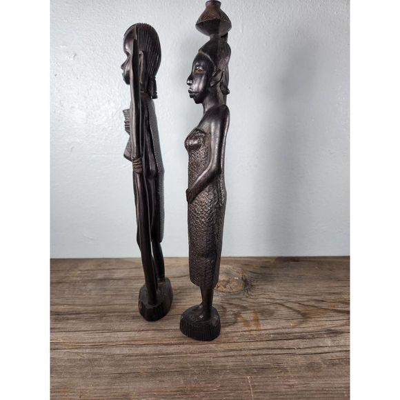 VINTAGE African Carved Ebony Statues 13" Warrior & Village Woman Tribal Folkart - Picture 7 of 10